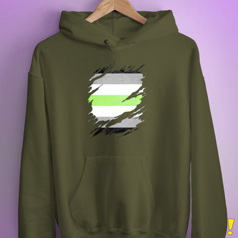 Agender Pride Flag Ripped Reveal Hoodie - Army
